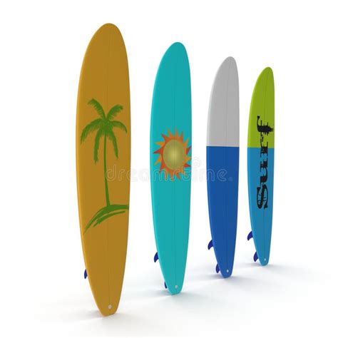 Set Of Different Color Surf Boards On White 3d Illustration Stock