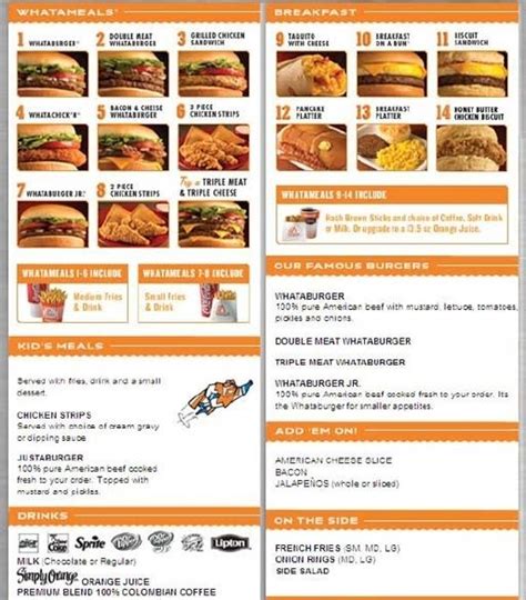 Whataburger Printable Menu Whatameal With Lower Calorie Sides 824
