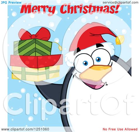 Clipart Of A Penguin Character Holding Ts And Saying Merry Christmas