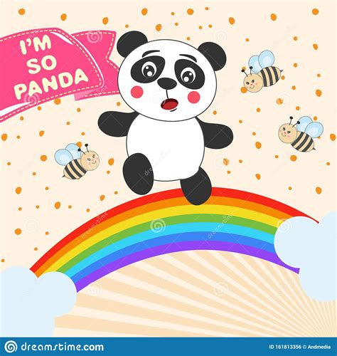 Cute Cartoon Panda Girl Running On A Rainbow Greeting
