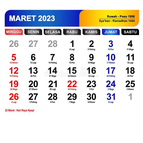 Kalender Bulan Maret 2023 Lengkap Dengan Hari Libur Image Stock