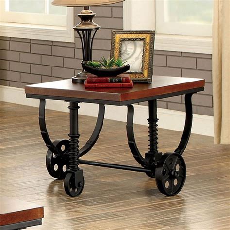 Farmhouse metal table base $410.00. Kendra Industrial Wood End Table with Black Metal Suspension Style Base