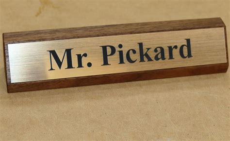 Desk Name Plate Card Pen Holder Walnut Wood Brushed Gold Color Aluminum