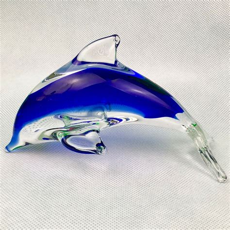Murano Style Blue And Clear Glass Dolphin Figurine Paperweight