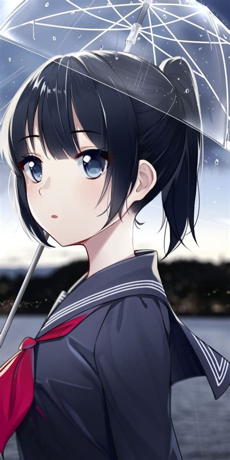 Download 1080x2160 Anime Girl Raining Umbrella Black