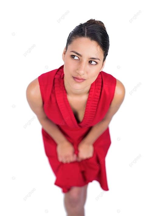 متأمل رائع امرأة سمراء في فستان أحمر تظاهر صورة الخلفية والصورة للتنزيل المجاني pngtree