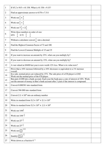 Gcse Maths Revision 100 Questions Teaching Resources