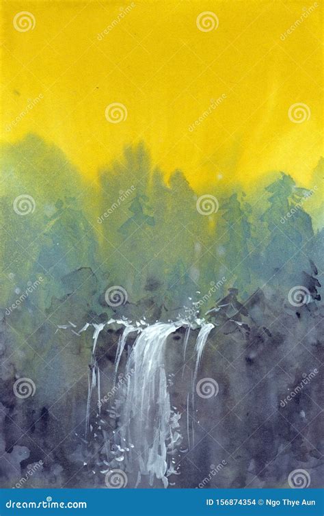 Waterfall Abstract Watercolor Painting Hand Drawn Artwork Stock