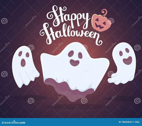 Vector Halloween Illustration Of White Flying Three Ghosts With Stock