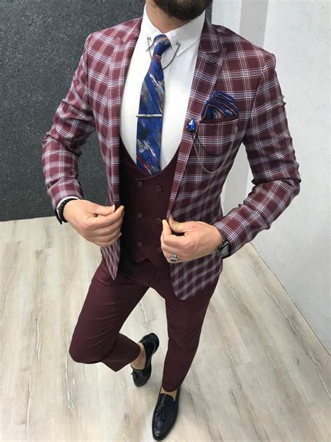 buy claret red slim fit plaid suit by with free shipping