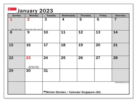 January 2023 Printable Calendar “49ss” Michel Zbinden Sg