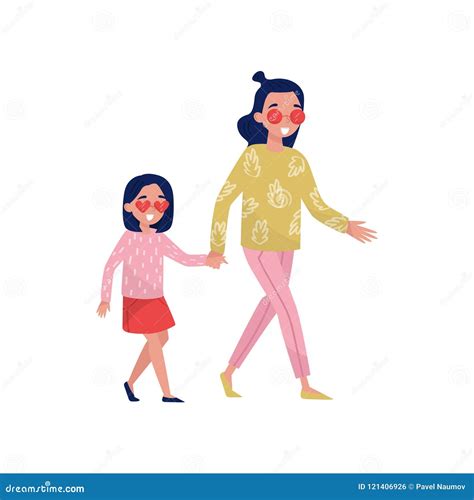Young Smiling Mother With Her Little Daughter Walking Outdoor And