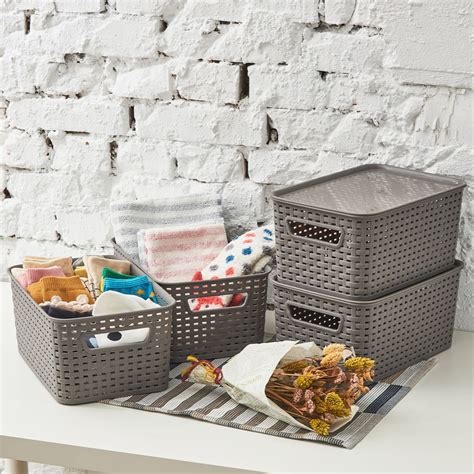 Ezoware 4pc Small Lidded Gray Plastic Knit Baskets Stackable Household