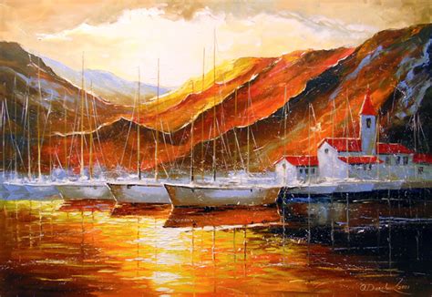 Yachts In The Mountain Harbor Oil Painting By Olha Darchuk