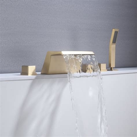 Waterfall Tub Filler Bathtub Faucet Brushed Gold 5 Hole 3 Handle Solid