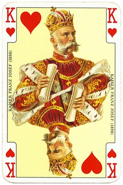 The king is a playing card with a picture of a king displayed on it. King of hearts cards from Kaiser Jubileaum Spielkarten | King of hearts card, Playing cards ...