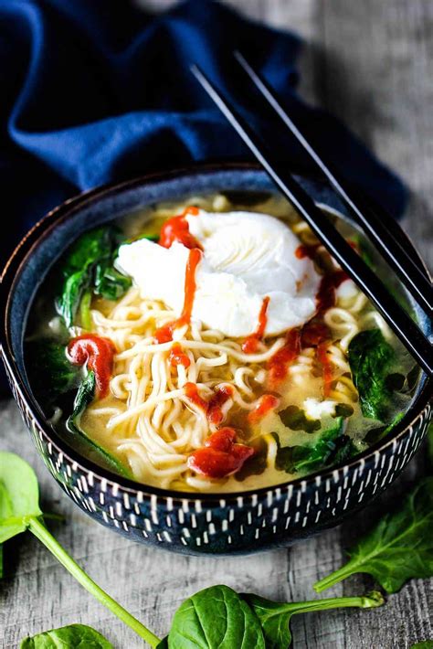 Drain the water, and put the eggs back in the pot. Spinach Ramen Noodle Soup with Poached Egg | How to Feed a ...