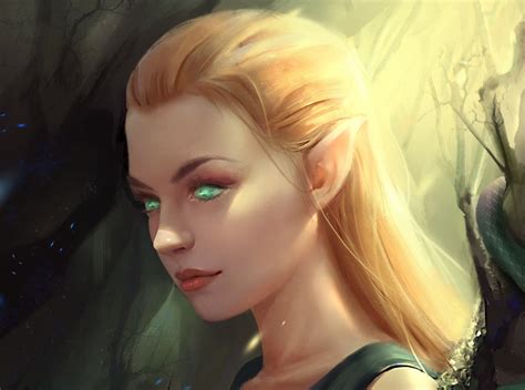 Fantasy Elf Woman Girl Green Eyes Blonde Pointed Ears Face Wallpaper
