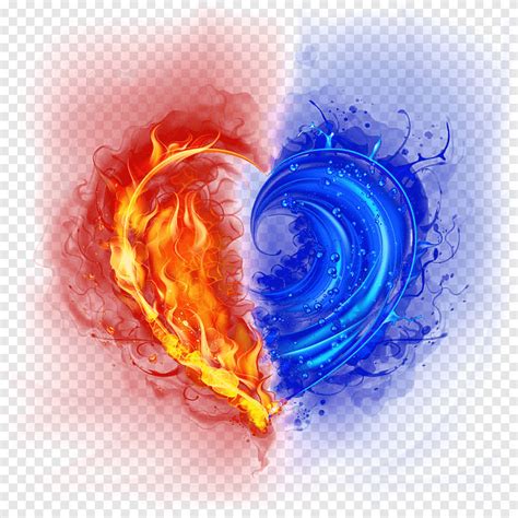 Agua Azul Y Corazón De Fuego Rojo Amor Ligero En Llamas De Fuego
