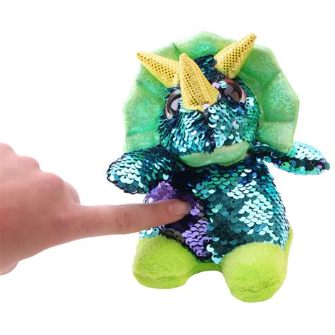 13cm Turquoise And Purple Triceratops Plush Soft Toy With Sequin Reveal Reversible Sequins Toyland