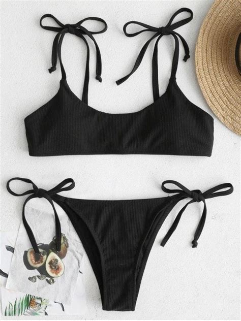 Zaful Tie Ribbed Bikini Black L Bikinis Swimwear Wrap Bikini Set