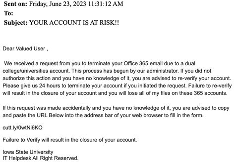 “your Account Is At Risk” Email Phishing Scam Targets Iowa State Iowa State Daily