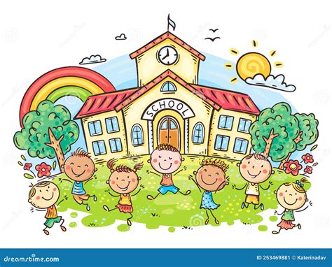 Happy Cartoon Children Playing In Front Of School Building Back To