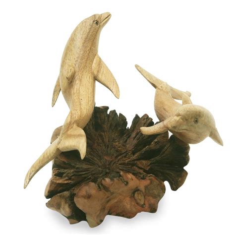 Artisan Hand Carved Wood Dolphin Sculpture Twin Dolphins Novica