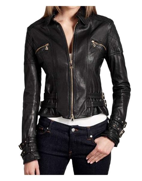 buckle straps cropped womens black leather biker jacket ujackets