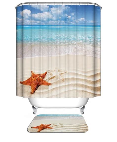 Beach Christmas Shower Curtain 3d Modern Scenery Sea Gull Moon Starfish