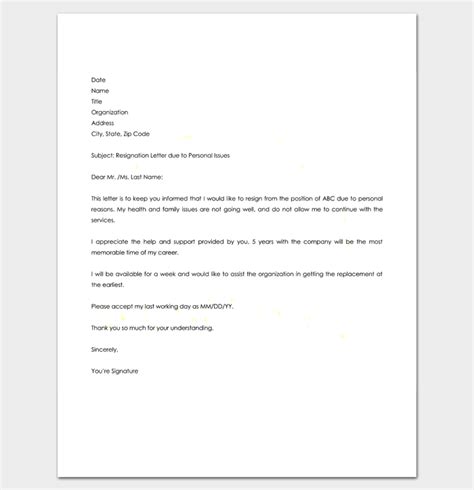 Example Of Resignation Letter With Reason Collection Letter Template