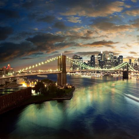 New York Brooklyn Bridge Night Lights City River Ipad Pro Wallpapers