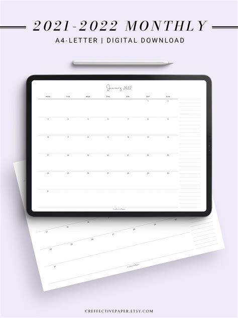 2021 2022 Dated Monthly Calendar Printable Template Etsy