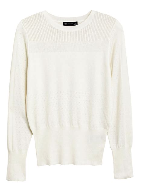 Marks And Spencer M Light Cream Textured Crew Neck Button Detail