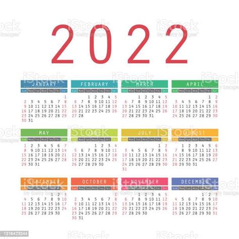 Kalender 2022 Tahun Inggris Warnawarni Vektor Saku Persegi Atau Dinding