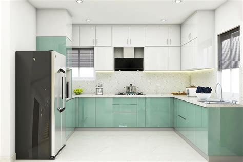Modular Kitchen Design With Light Green And White Cabinets Livspace