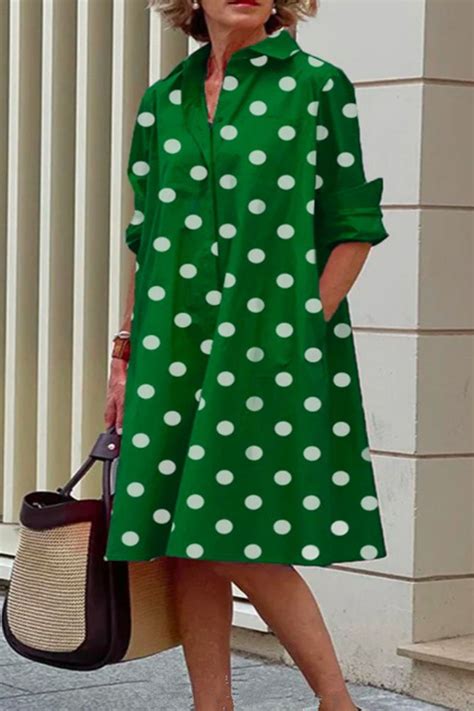 Green Casual Print Polka Dot Patchwork Buckle Turndown Collar Shirt Dress Dresses Casual Dresses
