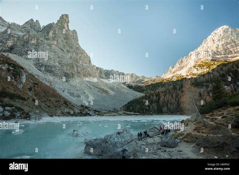 Autumn Afternoon At The Frozen Lake Of Sorapis Dolomites Italy Stock