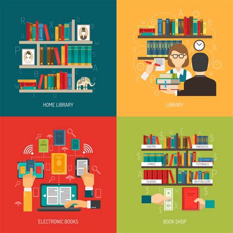 Library Concept 4 Flat Icons Square 472827 Vector Art At Vecteezy