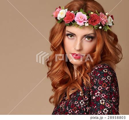 Beautiful Curly Redhead In Fashion Flower Wreath Pixta