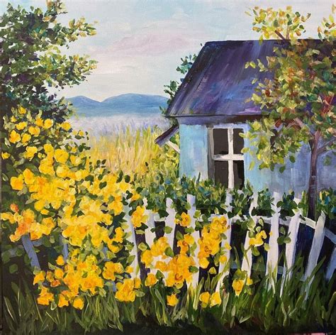 A Painting Of A House With Yellow Flowers In The Foreground And A White