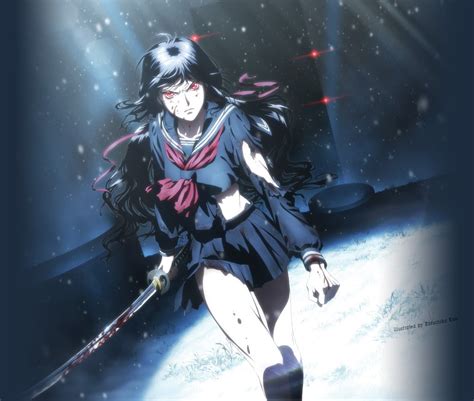 Female Anime Character Sword Blood Katana School Unif