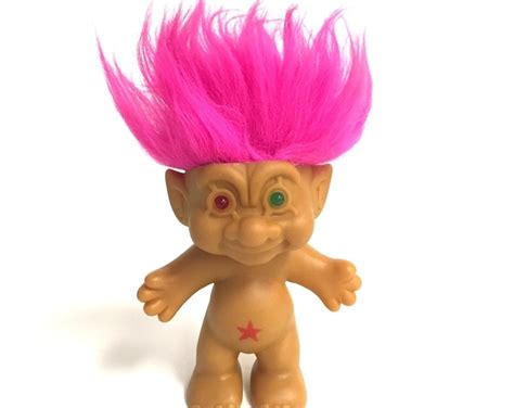 Vintage 80s Troll Doll Pink Hair Two Different Colored Eyes Star On
