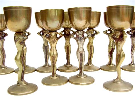 Vintage Brass Goblet Set Mid Century Barware Art Deco Nude