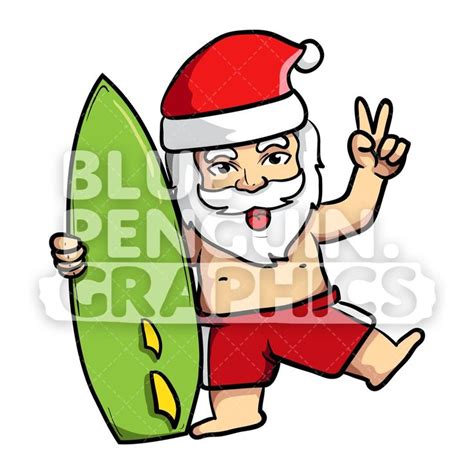Summer Santa Hugging Surfing Board Vector Cartoon Clipart
