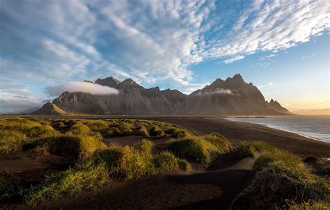 Wallpaper Sea The Sky Grass Clouds Mountains Rocks Shore Iceland