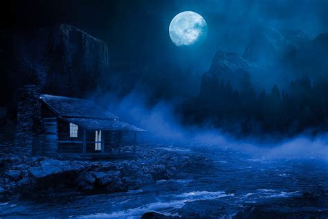 Full Moon Over Lakeside Cabin At Night