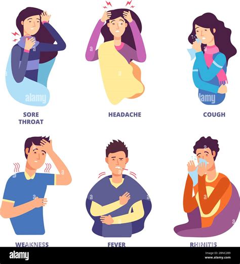 Flu Symptoms People Demonstrating Cold Sickness Fever Cough Snot