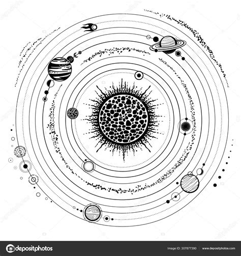 Monochrome Drawing Stylized Solar System Orbits Planets Space Structure