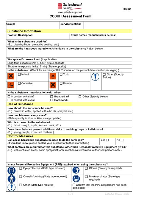 Coshh Risk Assessment Form In Word And Pdf Formats Images And Photos
